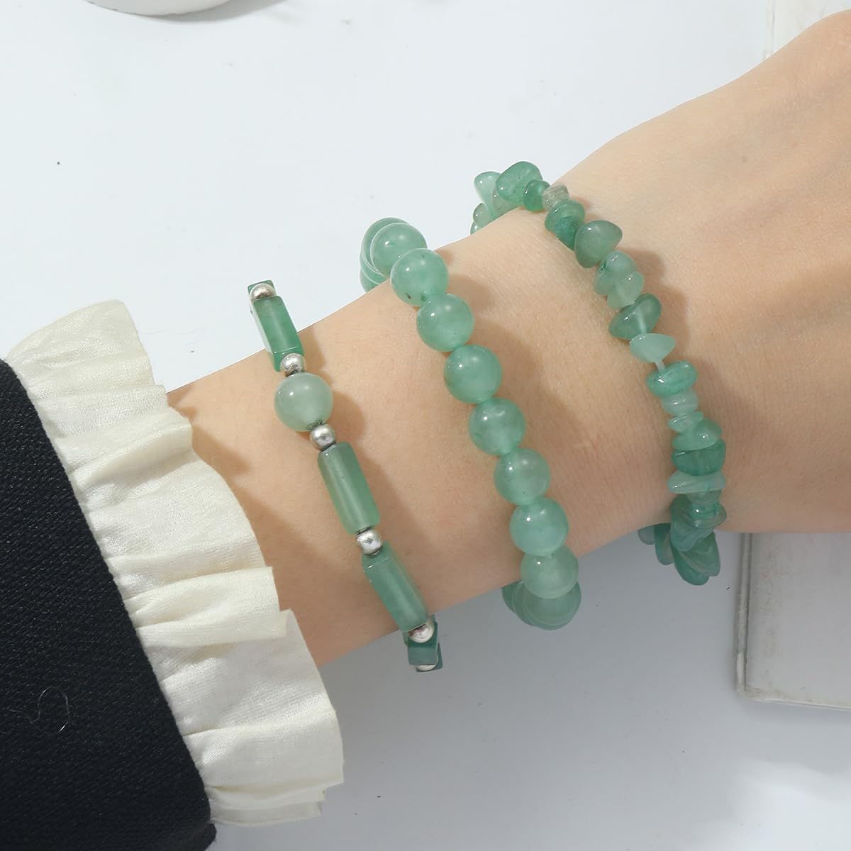 IVY TAILI 3Pcs Jade Bracelet for Women 8mm Green Aventurine Green Jade Beaded Bracelet Stretch Bracelet Set Jade Jewelry for Women