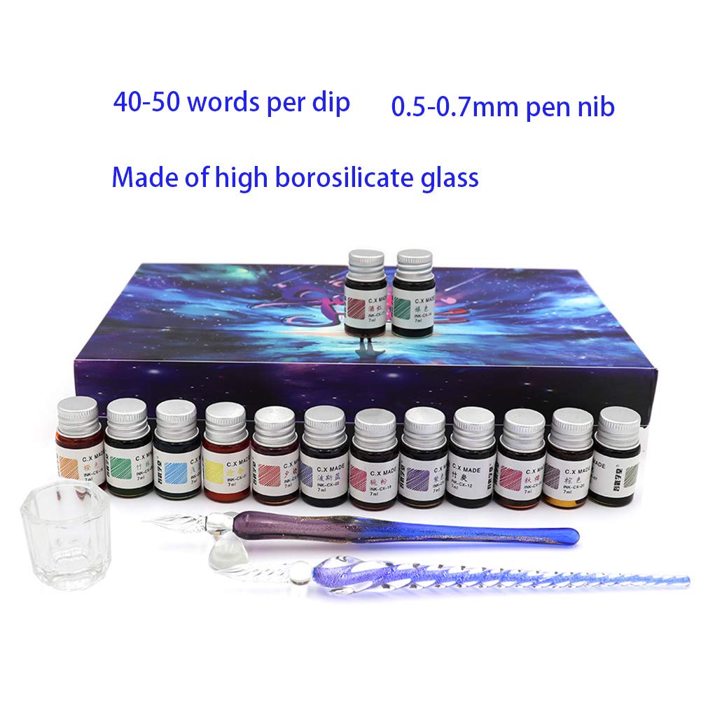 AXEARTE Glass Dip Calligraphy Pen Set, 18-Pieces 14 Color Inks, Pen Holder, Cleaning Cup, 2 Crystal Glass Pens for Art, Writing, Drawing, Signatures, Gift for Kids and Artist