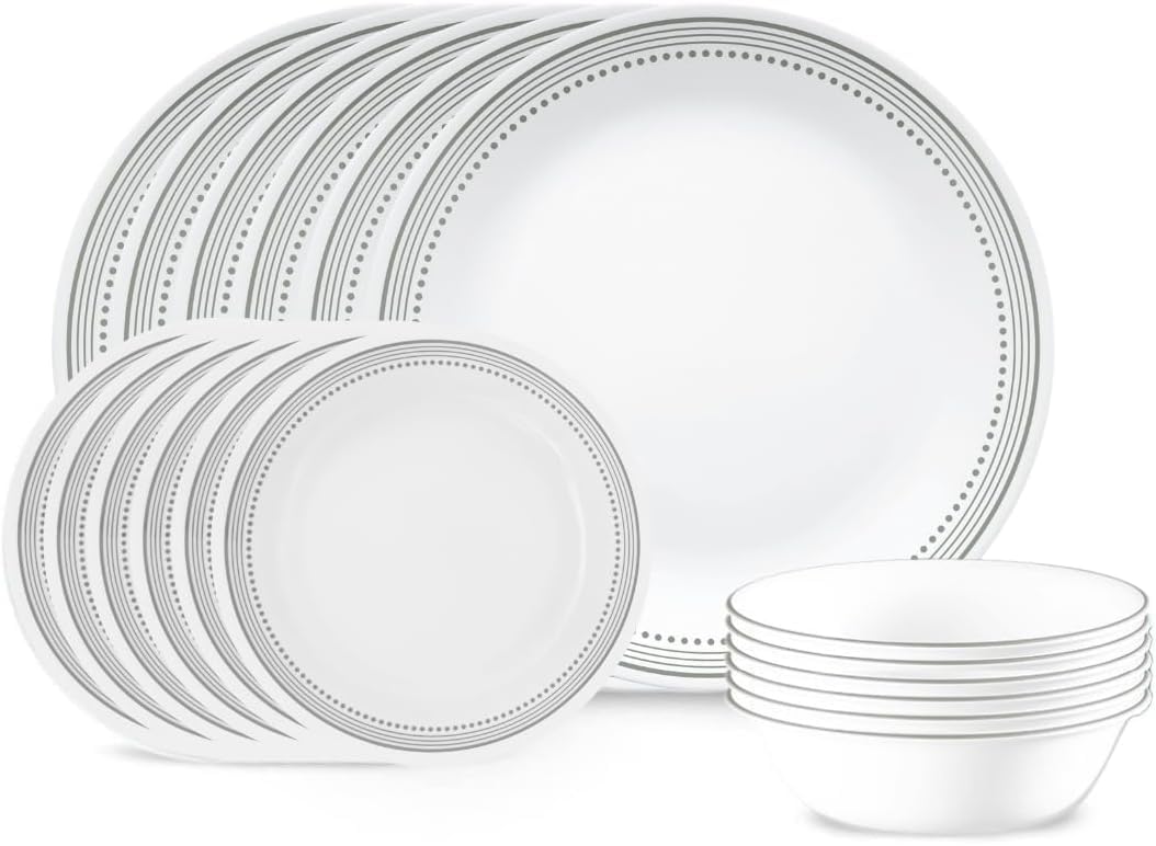 Corelle Vitrelle 18-Piece Service for 6 Dinnerware Set Triple Layer Glass and Chip Resistant, Lightweight Round Plates and Bowls Set, Mystic Gray