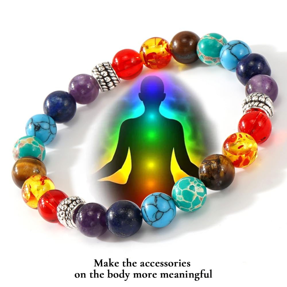 Bohxantium 7 Chakra Reiki Healing Beaded Bracelet Stack - Natural Stone Beads Bracelet for Anxiety Relief, Spiritual Energy Yoga Stackable Jewelry for Women Men, Meditation Relax Friendship Gift