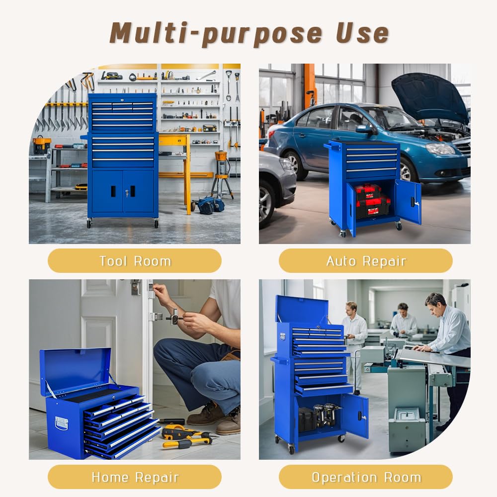 TOKUWA 13-Drawer Double Doors Handle Rolling Tool Chest, 2 in 1 Detachable Rolling Tool Chests, Large Tool Boxes with Lock, Metal Standing Tool Cabinet for Garage Workshop(Blue)