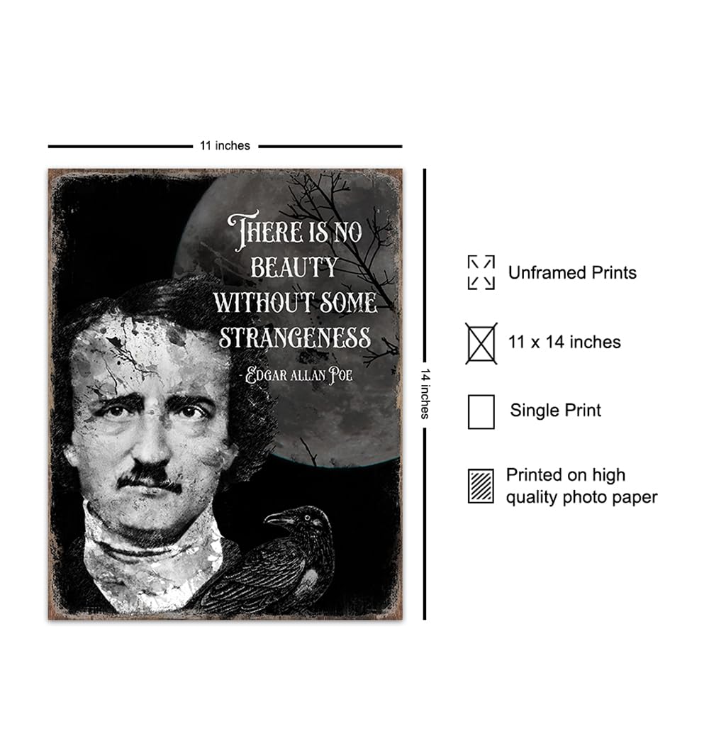 Edgar Allan Poe Gothic Wall Art 11x14 - The Raven Creepy Print - Spooky Scary Gothic Home Decor - Inspirational Quotes Halloween Decoration - Witch Wicca Gifts - Horror Movie Poster - Goth Wall Art