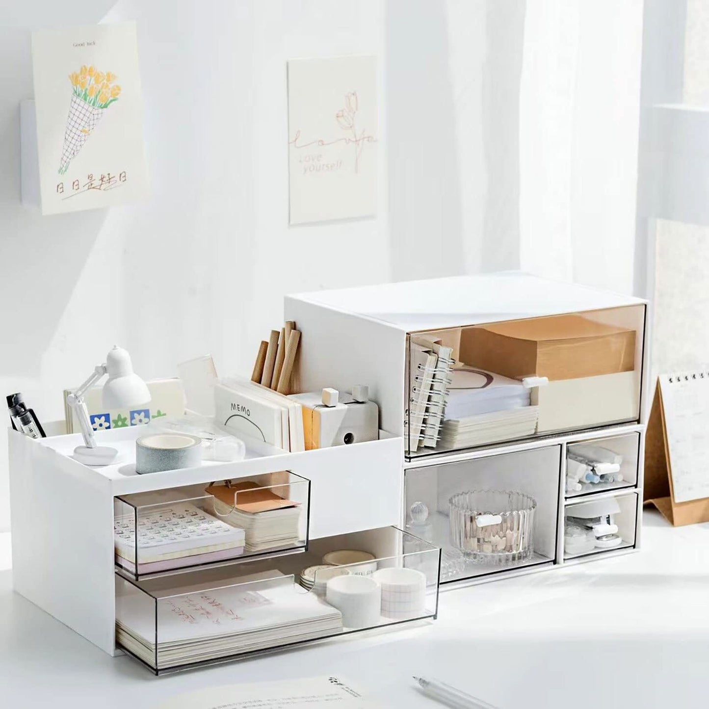 Desk Drawer Organizer, Desk Storage Box with 2 Drawers and 4 Compartments, Multifunctional Desk Accessories & Countertop Organizers for Office School Home (White）