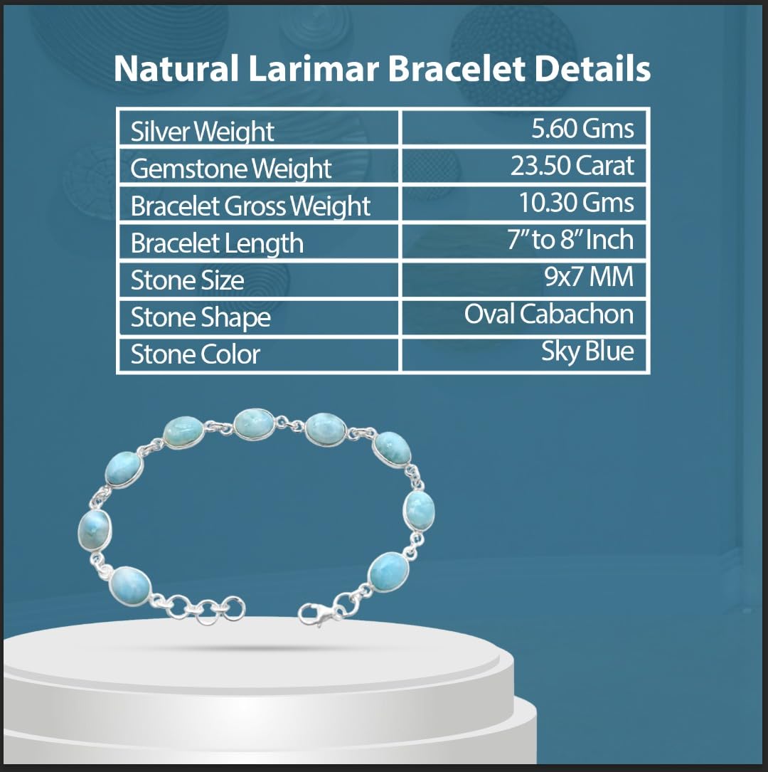 DESIGN HUB Larimar Bracelet 925 Sterling Silver | Handmade Oval Gemstone Bracelet for Women & Men | Adjustable 7-8 Inch Ocean Blue Jewelry | Unisex Artisan Gift | Women Gift for Her