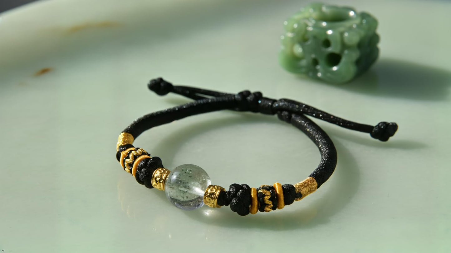 Chinese Style Fashion Natural Green Phantom Quartz (綠幽靈水晶) Bracelet for Men and Women, Adjustable Handmade Rope Lucky Gold Bead Jewelry, Healing Crystal Energy and Protection Gift, Feng Shui Inspired. The crystal is Green Phantom Quartz