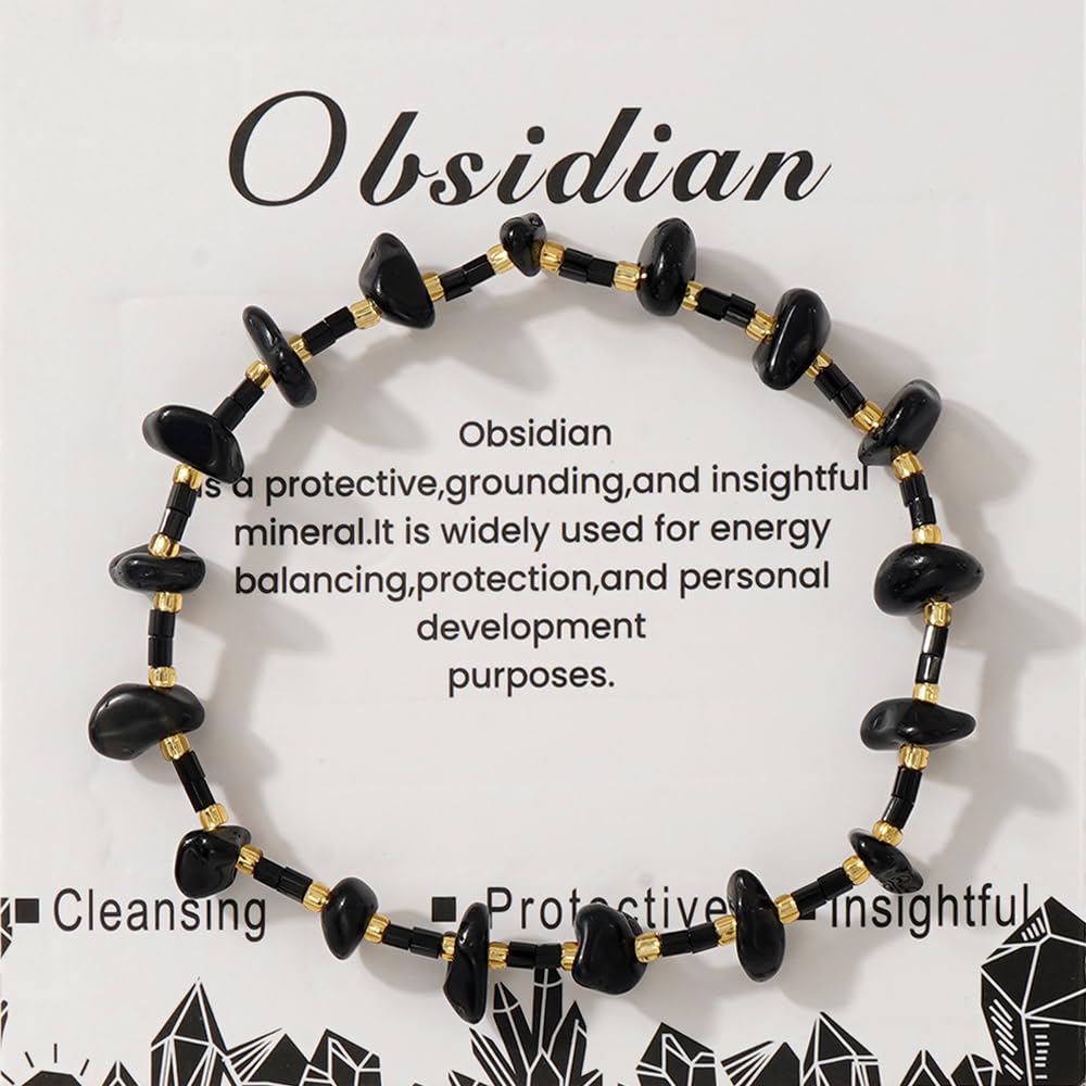 SHINUS BOHO Healing Natural Crystal Beaded Stretch Bracelet for Women,Handmade Boho Irregular Obsidian Energy Stones Protection Insightful Bracelet Summer Beach Fashion Jewelry Gift Friendship