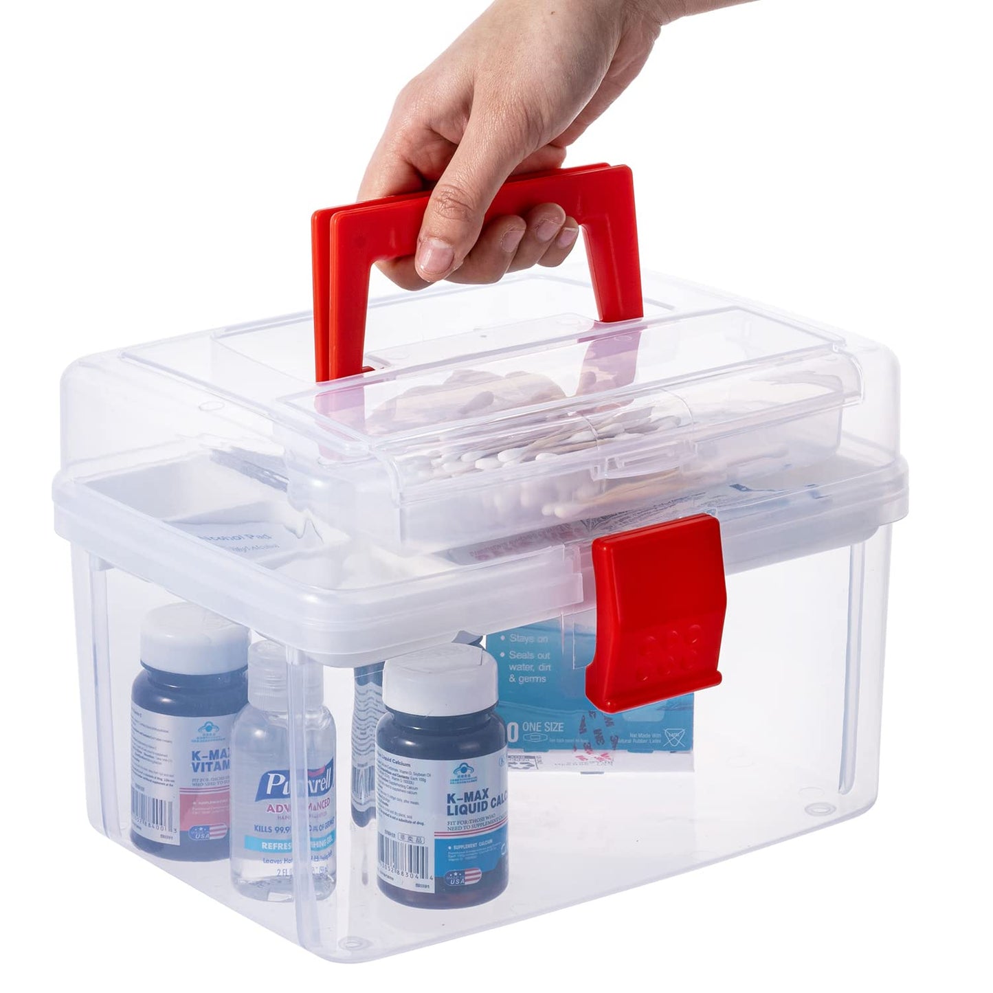 MyGift 10 Inch Premium Clear First Aid Bin with Detachable Tray and Quick Access Top Lid Flap, Portable Emergency Kit, Medical Supply Travel Tote, Medicine Storage Box Container (Red)