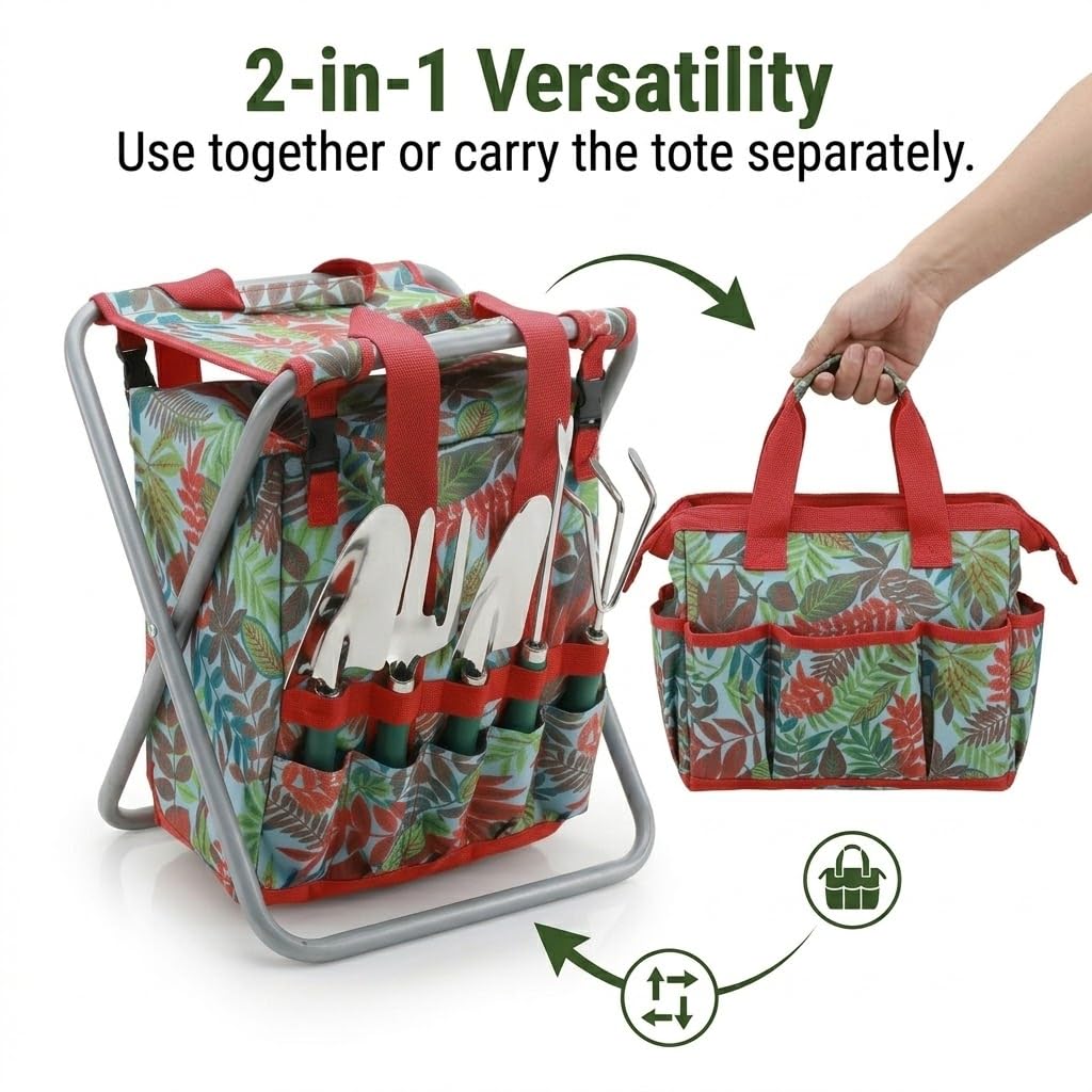 Bo-Toys 7-piece Garden Tool Set with Tote and Folding Stool Seat
