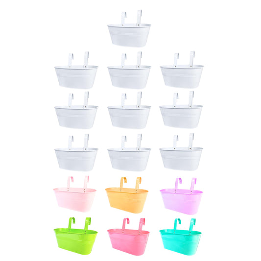 LaLaGreen Bundle - 10 Pack, 11.8 Inch White + 6 Pack, 11.2 Inch Multicolor Rounded Metal Iron Hanging Flower Pot, Deck Railing Fence Boho Style Modern Window Box Hook Patio Porch Balcony Outdoor Decor