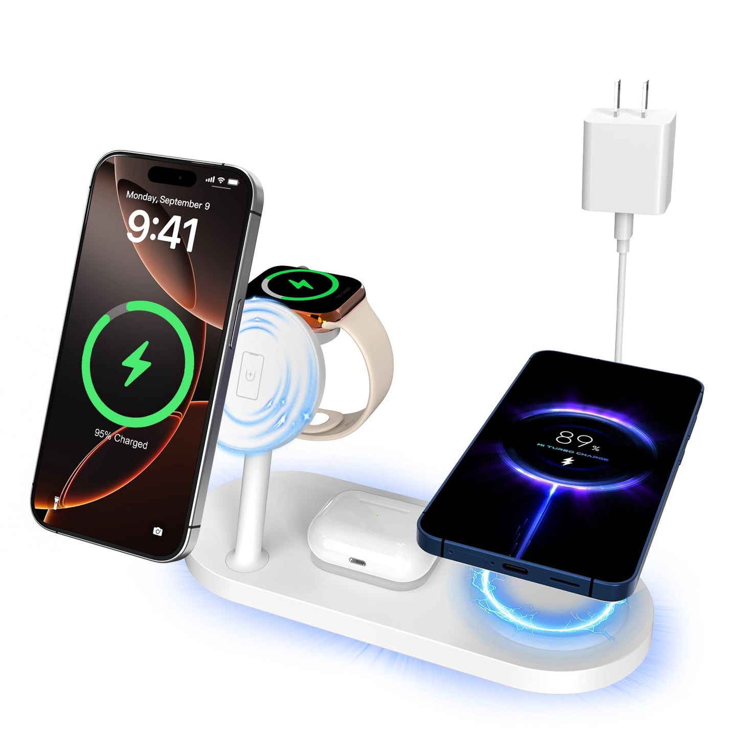Dual Phone Wireless Charger, 30W Magnetic 4 in 1 Charging Station for Apple Devices, Charging Stand for iPhone 17/16/15/14/13/12 Series, Support for Apple Watch11/10 for AirPods4