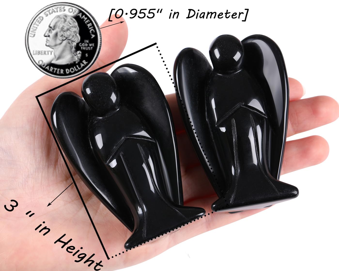QINJIEJIE 3" Black Obsidian Crystal Angel Decor Healing Peace Angel Stone Figurine Polished Gemstone Guardian Statue Room Desk Office Hand Carved Decorations Energy Gifts for Women & Men