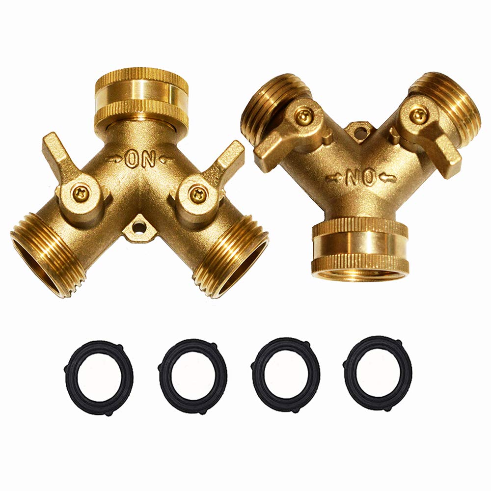 HQMPC 2 Way Hose Y Valve Hose Splitter Garden Hose Y Valve Connectors 2 way shut off valves With Solid Brass Handle Brass Y Valves Water Garden Hose Adapter 3/4"GHT Thread Extra 4 Presure washers