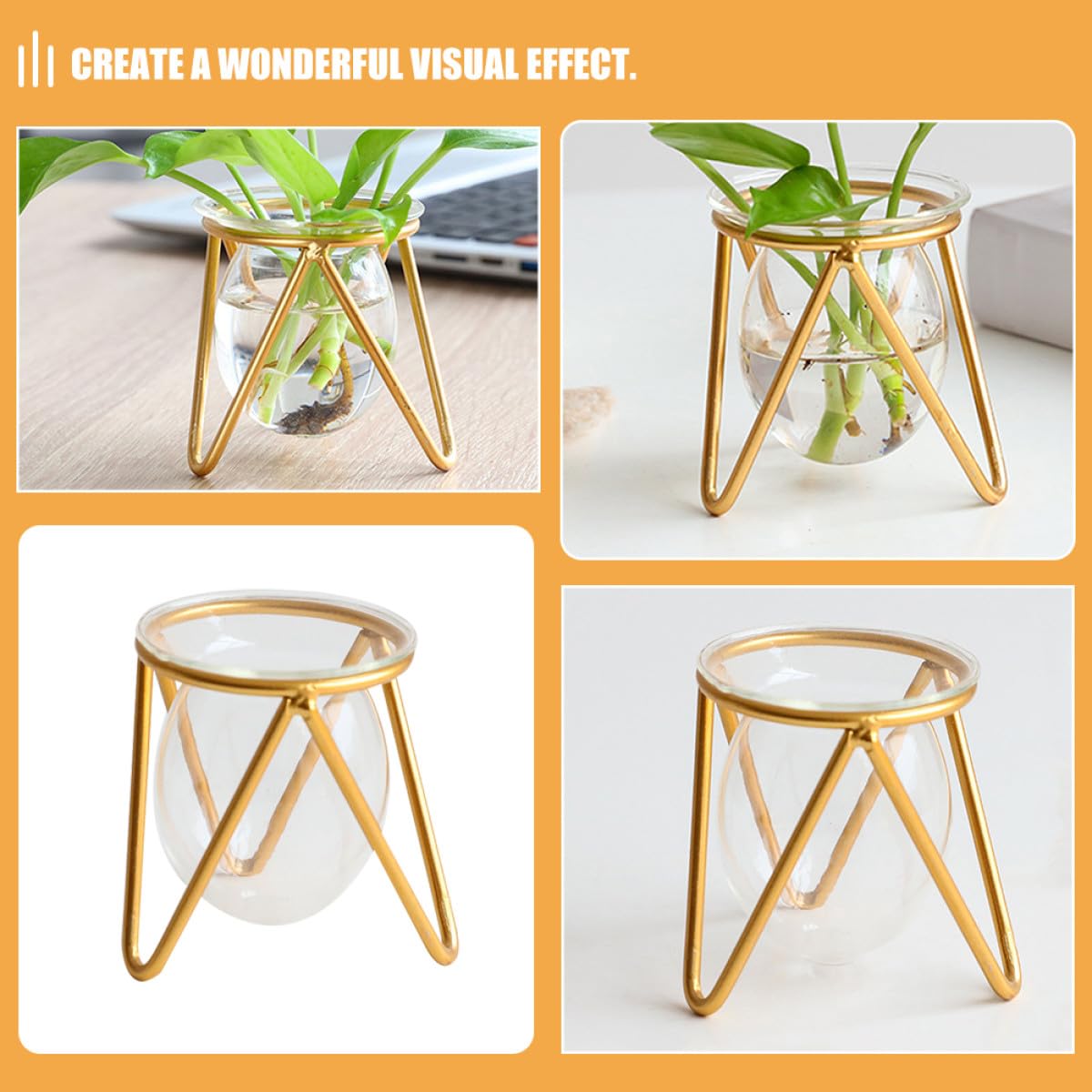 VICASKY Hydroponic Glass Plant Container with Metal Stand, Small Gold Desktop Flower Vase for Air Plants and Terrarium Décor, Glass Hydroponic Pot for Wedding and Office Use