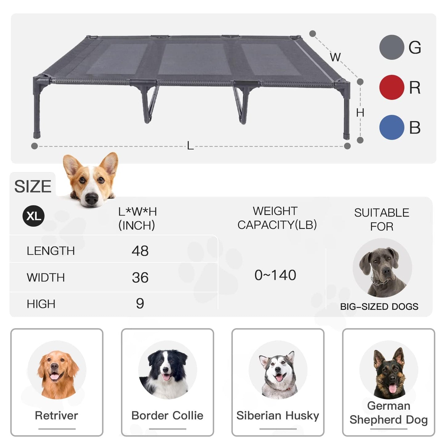 Suddus Elevated Dog Bed for Large Dogs 140lb, Breathable Cooling Raised Dog Cot with Dual Support Bars & Metal Frame, No-Slip Feet, Waterproof Pet Bed for Indoor/Outdoor, X-Large, 48 * 36 * 9in, Grey