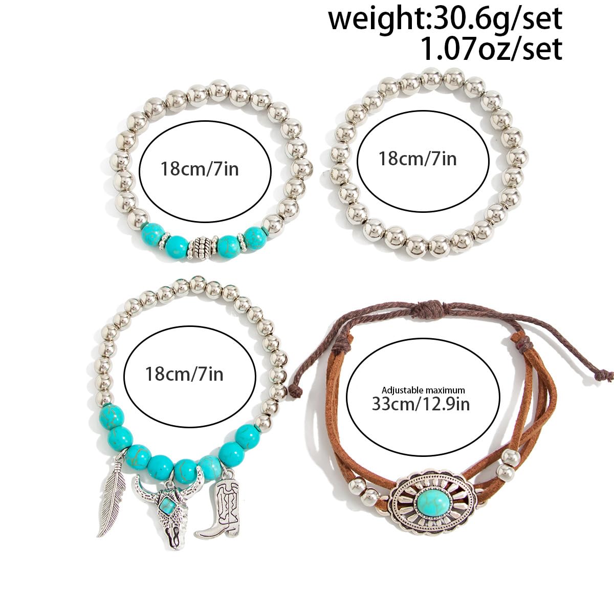 Hclian Western Bracelets for Women Turquoise Beaded Boho Strand Bracelet Stack Adjustable Cowgirl Country Jewelry Set for Women
