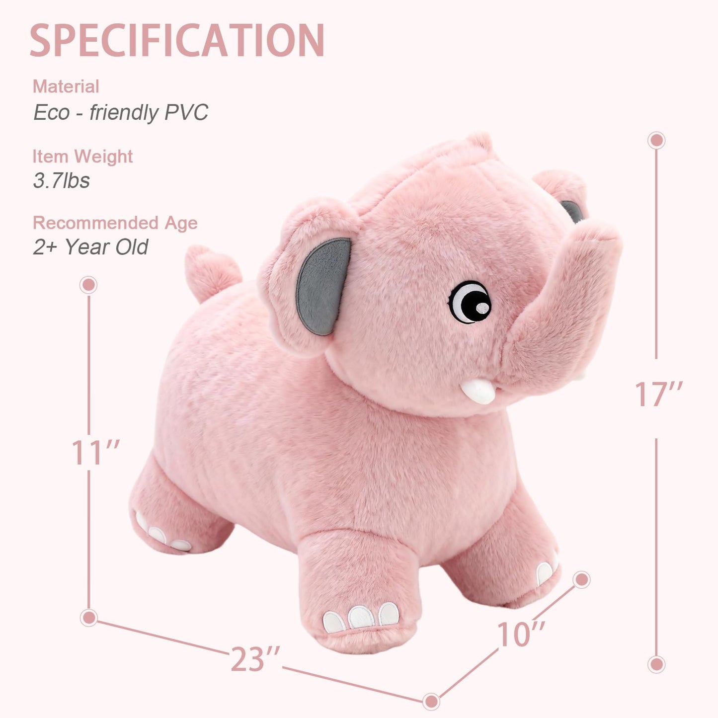 INPANY Bouncy Horse, Elephant Hopper Toys, Toddler Plush Bouncing Animal, Kids Inflatable Ride on Rubber Bouncer, Outdoor Birthday Gift for 2 3 4 Yr Boy Girl, Pink