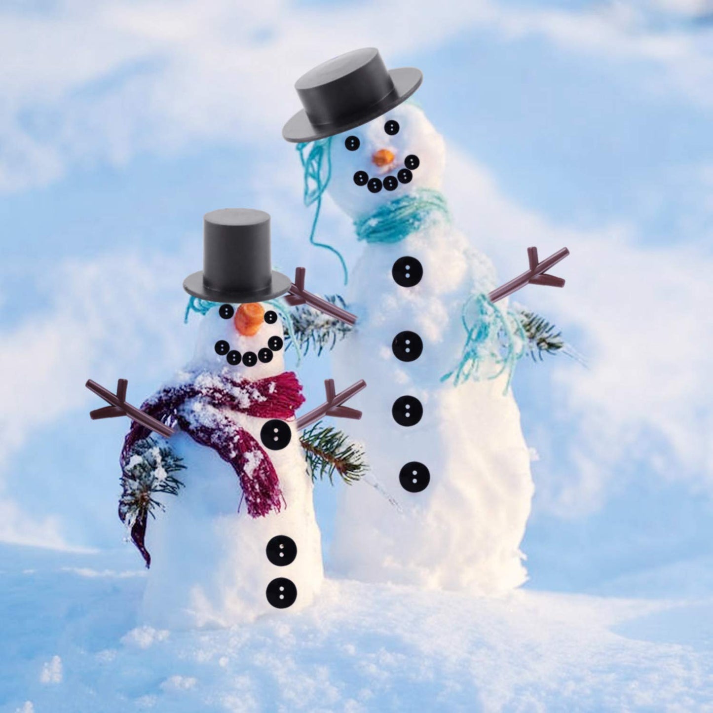 800pcs Christmas Snowman DIY Craft Kit Including 80 Mini Black Top Hats, 80 Carrot Snowman Noses, 160 Snowman Hands, 480 Tiny Black Buttons for Christmas DIY Snowman Crafting, Sewing, Party Supplies