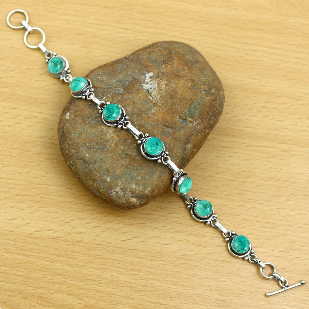 Natural Turquoise 925 Silver Plated Round Gemstone Adjustable Bracelet for Women - December Birthstone Bohemian Vintage Style Handmade Jewelry Bracelet - Gift for Her
