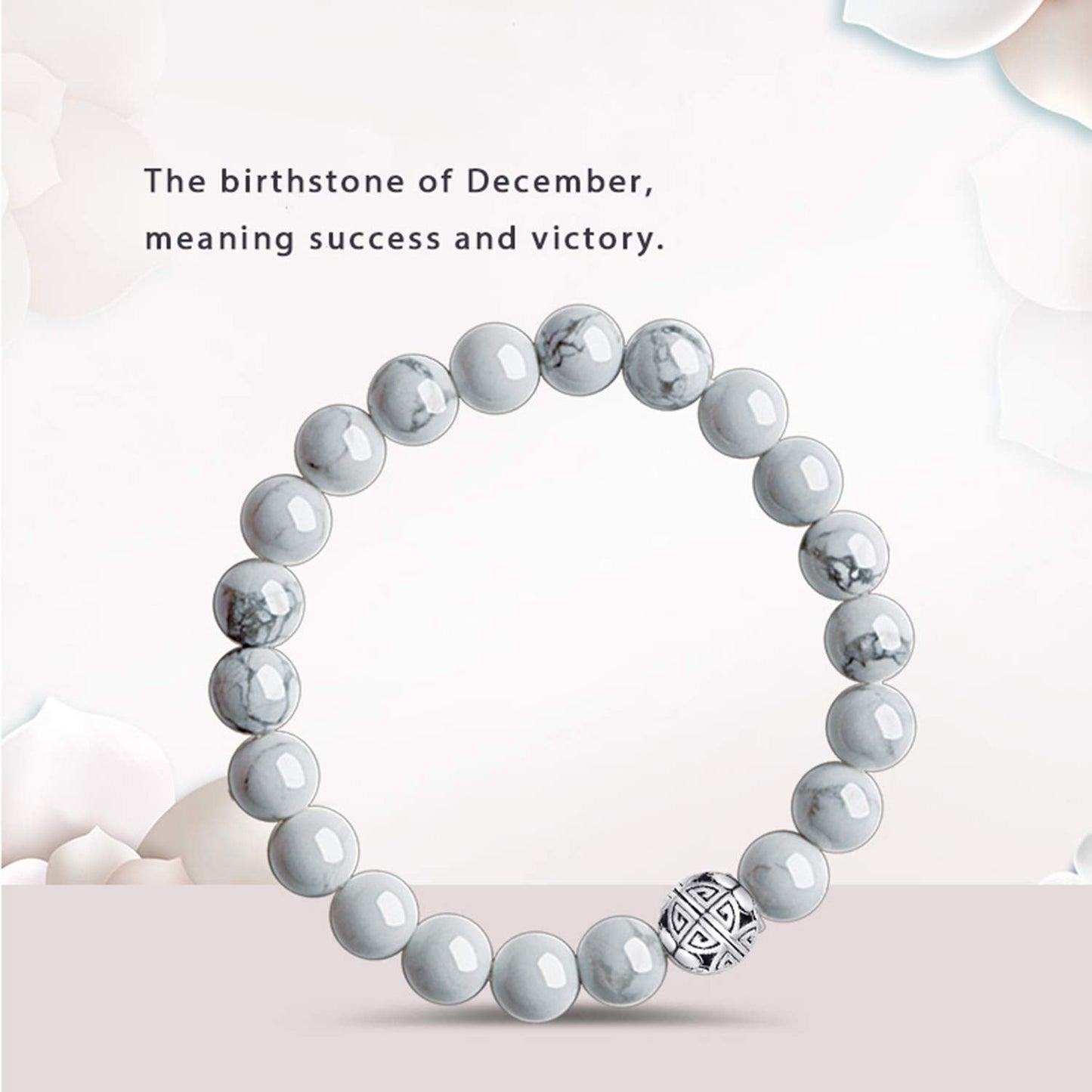 MetJakt Healing Crystals Beaded Bracelets for Womens Natural Gemstone 8mm Beads Stretch Bracelets with 925 Sterling Silver Double Happiness Pendant (Howlite)