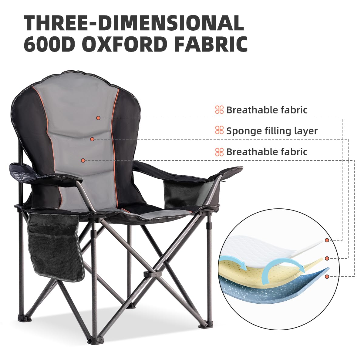 Foristrail Large Camping Chair with Side Table Heavy Duty 500LBS - Folding Outdoor Chair with Cooler Bag (Black & Gray, 1 PCS)
