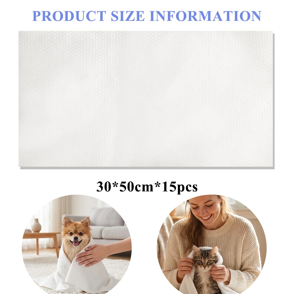CHANHOO Disposable Pet Bath Towel,15 PCS Portable Pet Grooming Towels,11.8 x 21.6 inch Convenient Pet Cleaning Towel Pet Drying Towels,Absorbent Bath Towel for Small Dog Puppy Cat, White