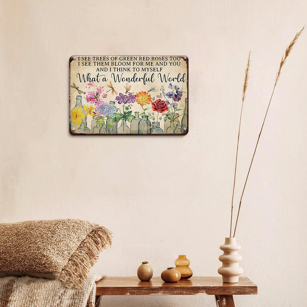 YOYI ART Dragonfly and Flowers Metal Tin Sign, What a Wonderful World I See Trees of Green Red Roses Too, Funny Garden Signs Wall Decor, Retro Tin Sign Flowers Poster Metal Garden Signs, 12 x 8 inch