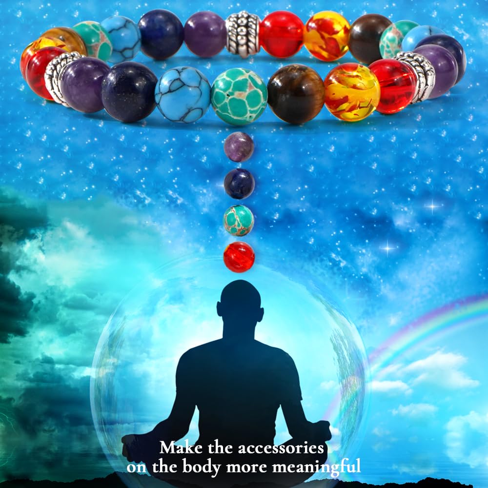 Bohxantium 7 Chakra Reiki Healing Beaded Bracelet Stack - Natural Stone Beads Bracelet for Anxiety Relief, Spiritual Energy Yoga Stackable Jewelry for Women Men, Meditation Relax Friendship Gift
