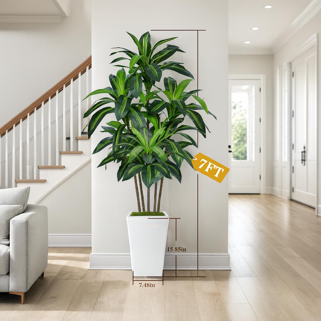 7FT Artificial Dracaena Tree, Fake Tree Indoor with White Tall Planter, Tall Artificial Plants Indoor, Artificial Silk Tree for Home Office Decor Plants Indoor Outdoor (White)