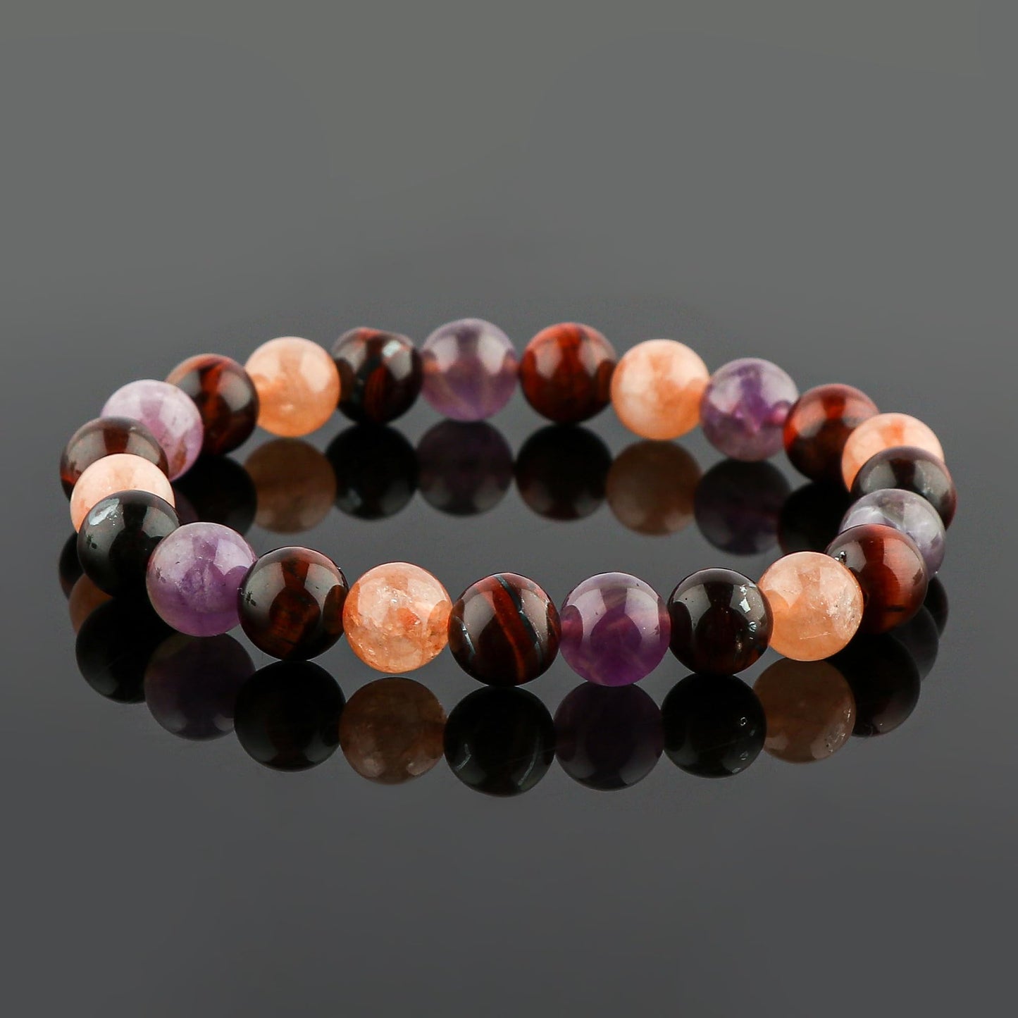 CRYSTALIS Triple Protection Bracelet | Stretchable Elastic Bracelet | Beaded Gemstone Jewelry, Birthstone, Healing, Chakra, Yoga Balancing, Reiki | [Sunstone+Amethyst+Tiger Eye]