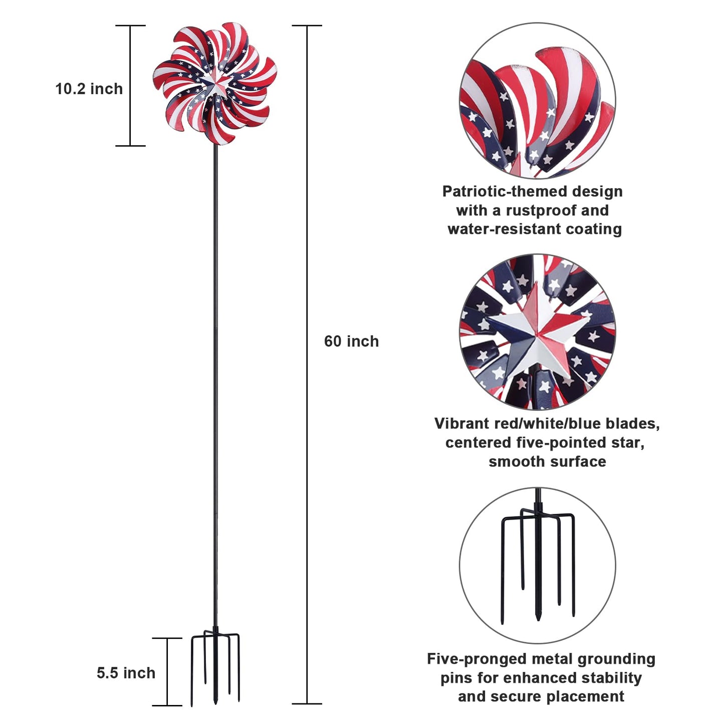 hogardeck 4th of July Wind Spinners Outdoor, Metal Wind Spinners with Stakes for Memorial Day Decorations, 360° Rotating Double Layers Windmill Yard Art for Outside Lawn Porch, Red White Blue