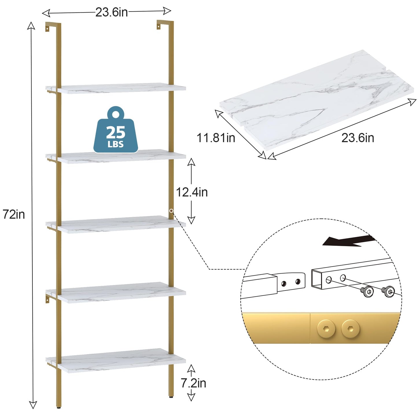 aboxoo Ladder Shelf 2PCS White Marble Bookshelf 5-Tier Wall-Mounted Wood Rack Open Industrial Modern Plant Flower Stand Utility Organizer Bookcase Metal Frame Furniture Office Kitchen Bedroom