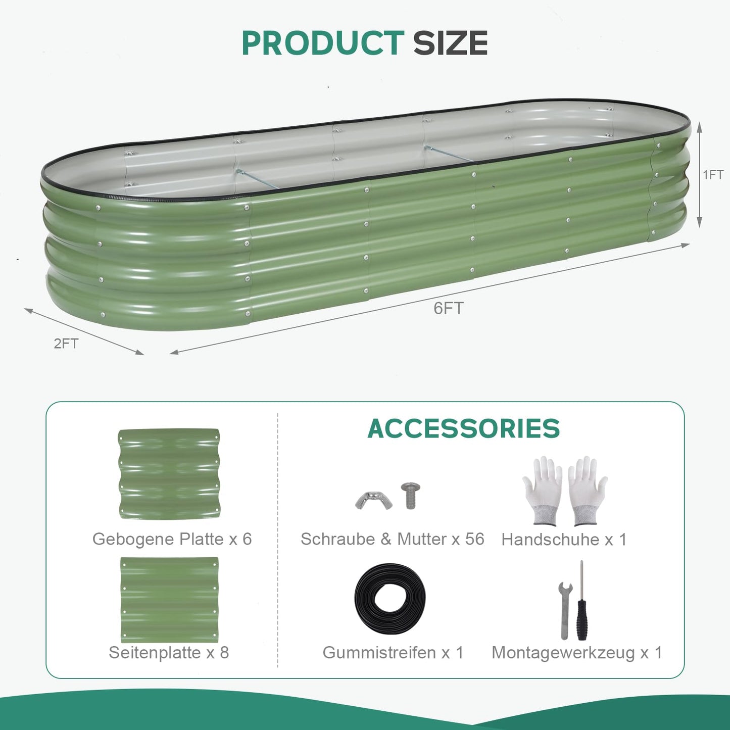 BIRDSINYARD Galvanized Raised Garden Bed - 6×2×1ft Planter Raised Beds for Gardening | Oval Metal Garden Planter Box with Safety Edging and Gloves for Vegetables Fruits and Flower OliveGreen
