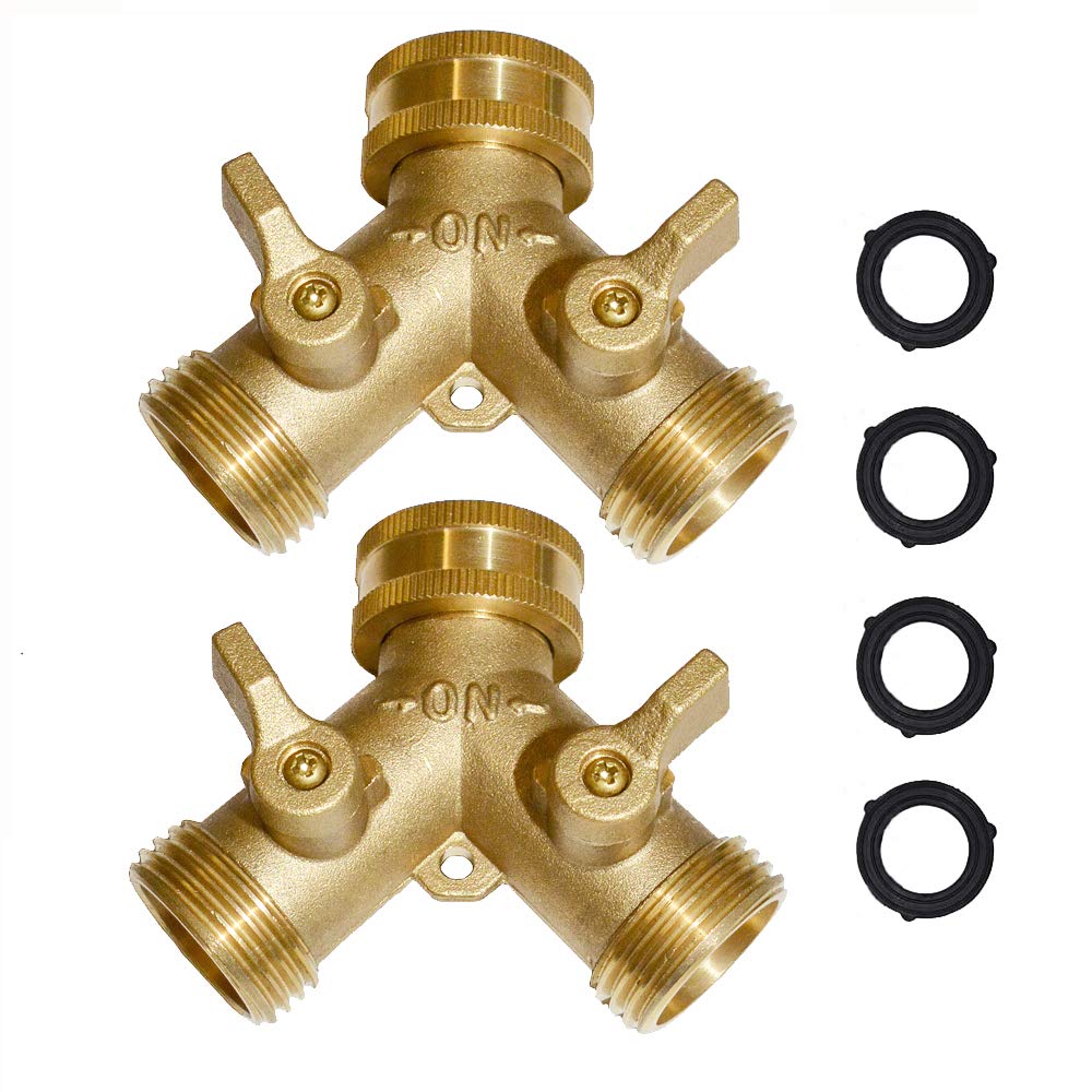 HQMPC 2 Way Hose Y Valve Hose Splitter Garden Hose Y Valve Connectors 2 way shut off valves With Solid Brass Handle Brass Y Valves Water Garden Hose Adapter 3/4"GHT Thread Extra 4 Presure washers