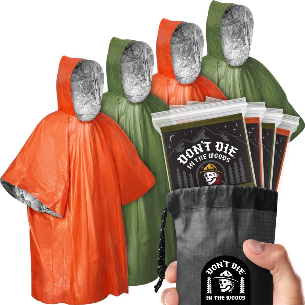 Don't Die In The Woods - Survival Poncho [4-Pack Starter Set] - Rain Protection + Heat Retention - Wearable Emergency Space Blanket For Hiking Camping Outdoor Gear (Green/Orange)