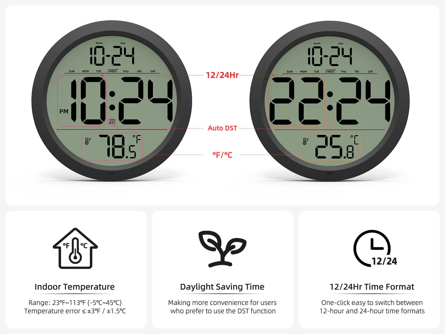 Digital Wall Clock with Date, Indoor Temperature, Auto-DST, Battery-Operated Digital Clock, 8 Inch Small Decorative Wall Clock for Bedroom, Living Room, Home, Kitchen, Office, Modern, Electric, Simple