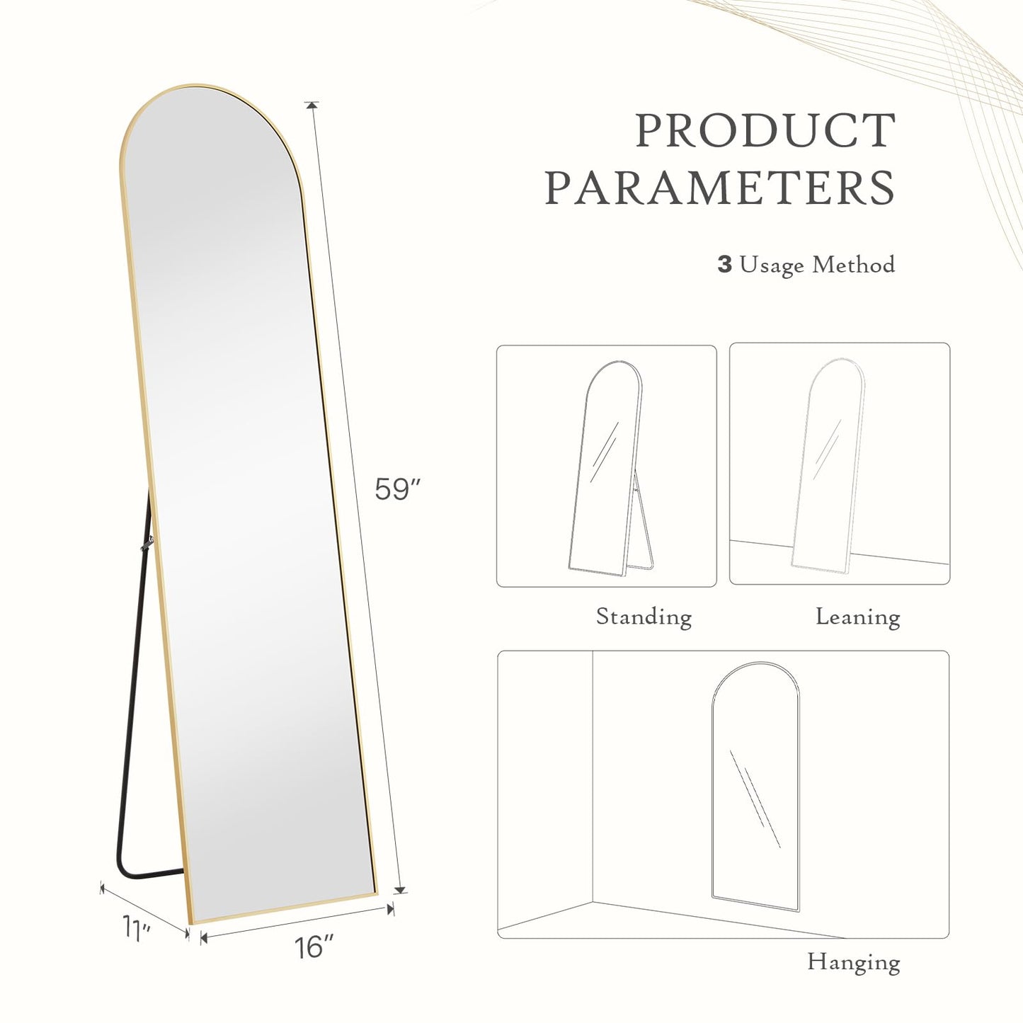 Arched Mirror Full Length, Upgraded 16"x59" Body Wall Mirrors with Shatter-Proof Glass, Floor Standing, Hanging or Leaning, Tall Arch Mirror with Stand Aluminum Alloy Frame for Bedroom Cloakroom
