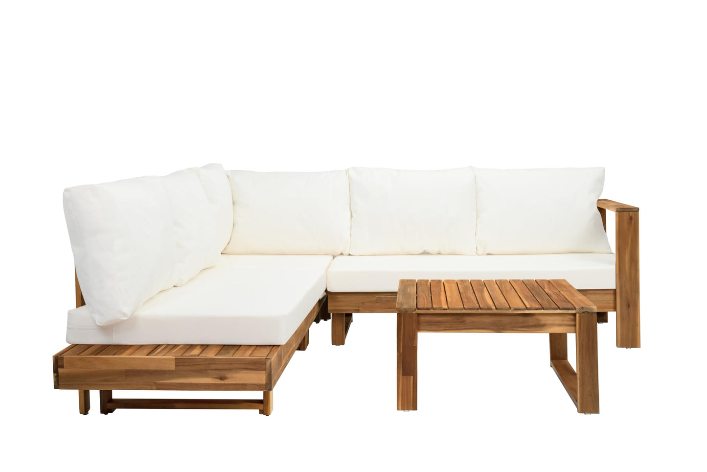 Christopher Knight Home Tenny 5-Seater Acacia Wood Patio Furniture Set, Outdoor Conversation Set with Coffee Table, Patio Sectional Sofa Set for Backyard/Balcony, Teak+Beige