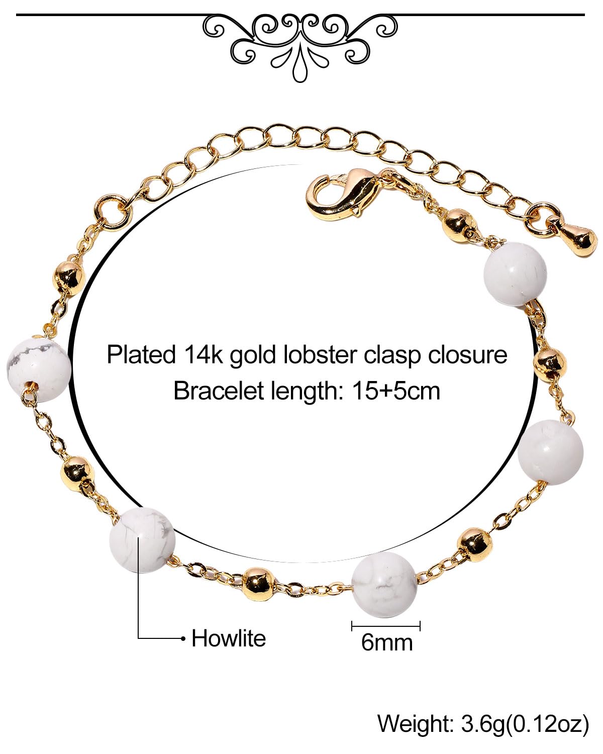 Xfoxstal 14K Gold Plated Chain Bracelets for Women Crystals and Stones Bracelets Jewelry Adjustable (Howlite)