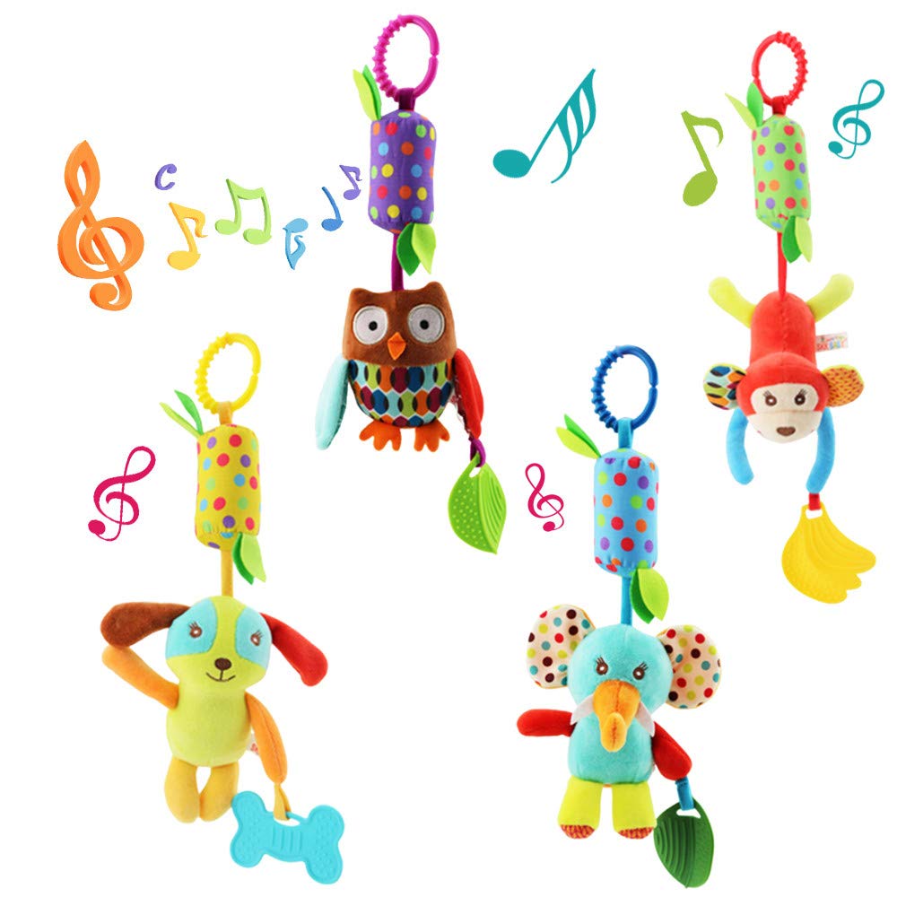 Joyshare 4 PCS Baby Soft Hanging Rattle Crinkle Squeaky Toy - Baby Toys for 0 3 6 9 to 1 Animal Ring Plush Stroller Infant Car Bed Crib Travel Activity Hanging Wind Chime with Teether for Boys Present