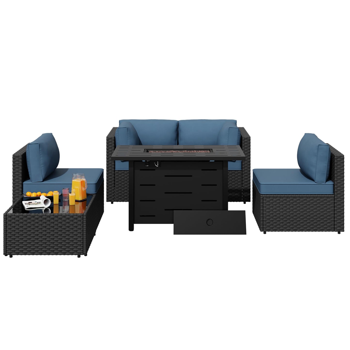 SUNLEI 5 Piece Outdoor Patio Furniture Set with Fire Pit Table, Black PE Rattan Wicker Conversation Sofa Set with Blue Cushions, All Weather Sectional Patio Couch for Backyard, Deck, Garden, Porch