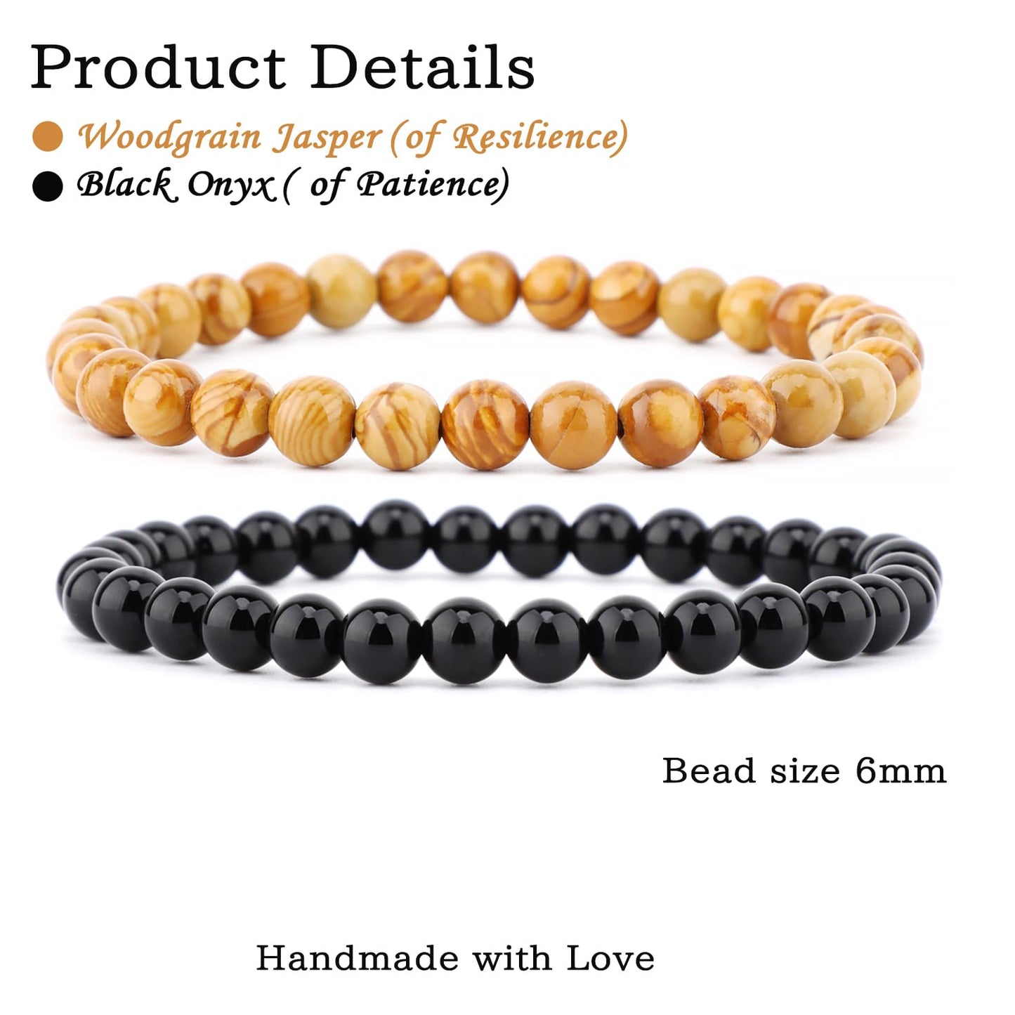 NCB 2-Piece 6mm Natural Crystal Gemstone Stretch Bracelets – ﻿Black Onyx, Woodgrain Jasper Handmade Reiki Energy Healing Jewelry for Meditation,Yoga, Unisex