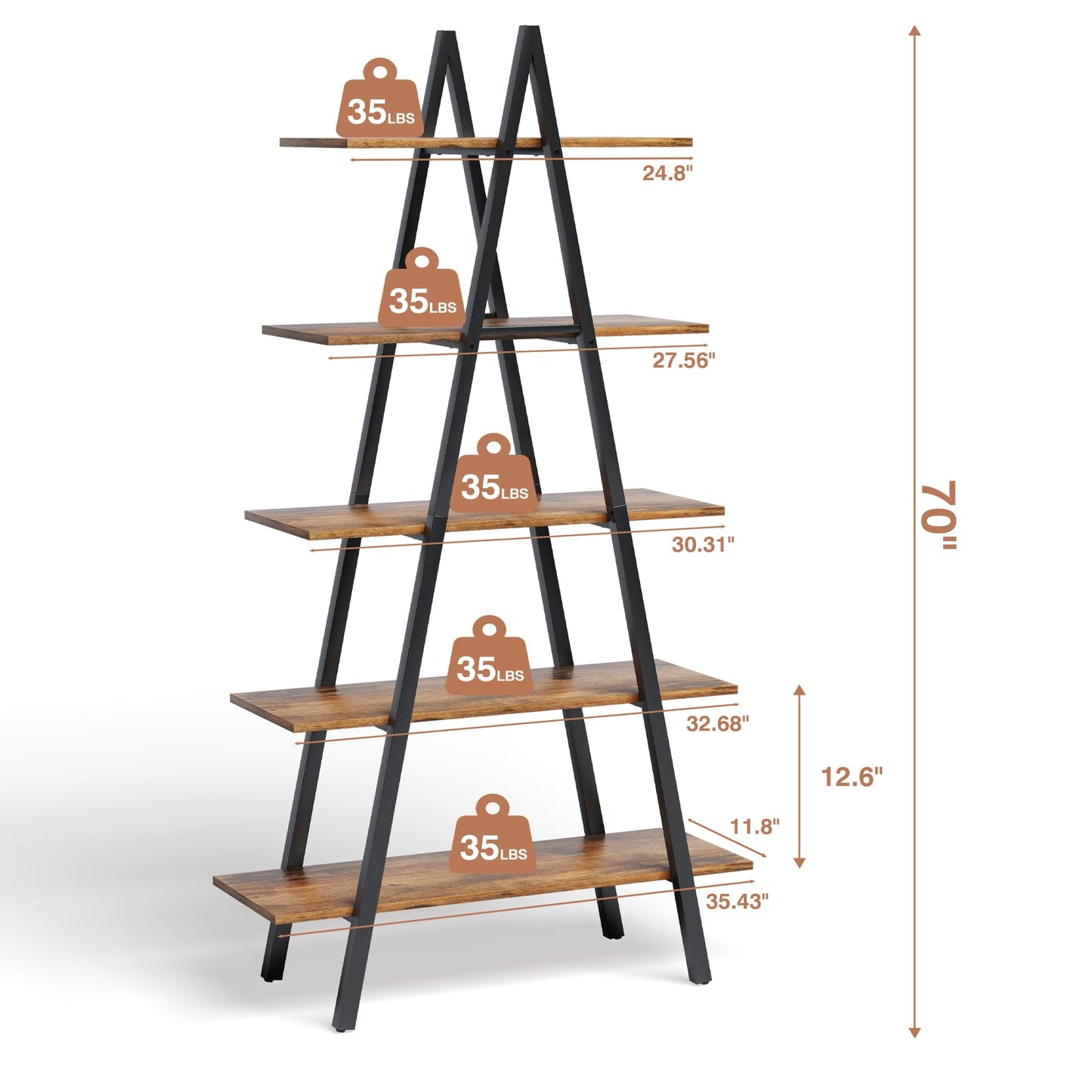 YOUDENOVA 5-Tier Ladder Bookshelf, Industrial A-Shaped Bookcase, Christmas Village Display Stand, Tall Ladder Shelf Storage Organizer for Living Room, Home Office, Black