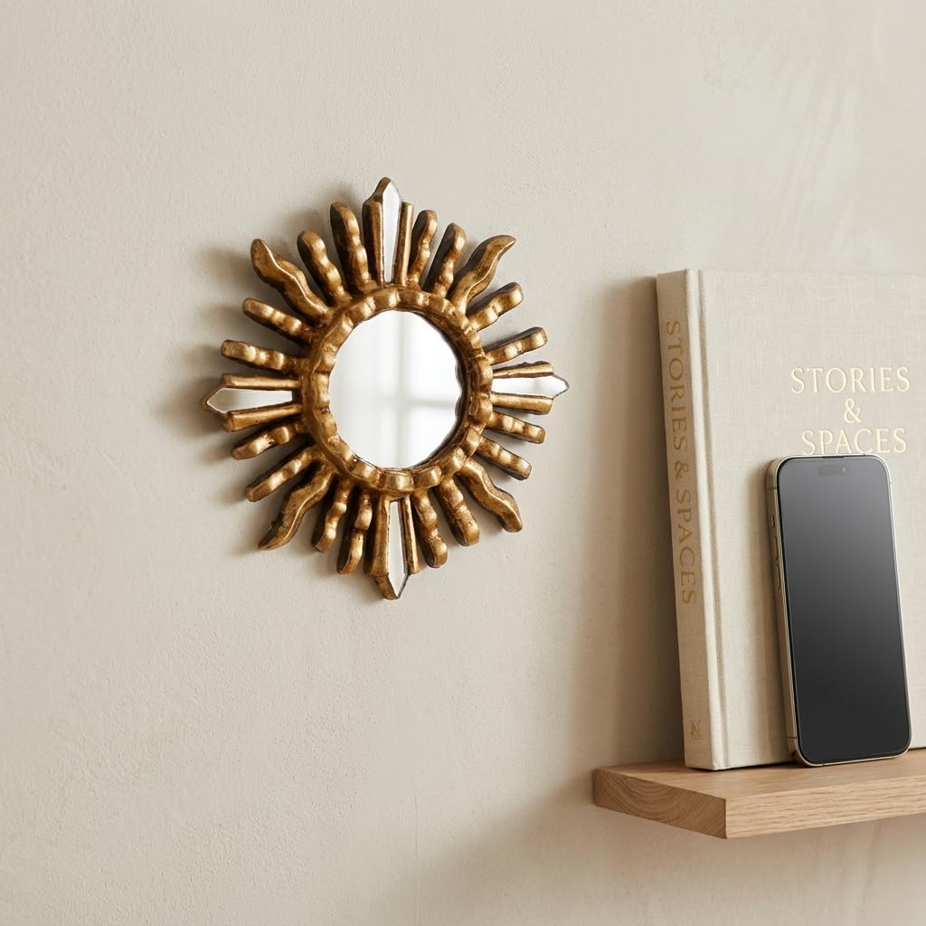 DecorContreras Handmade Small Round Wall Mirror with Bronze Leaf Finish - 6in Sun-Inspired Wood Mirror for Home Decor (Gold)