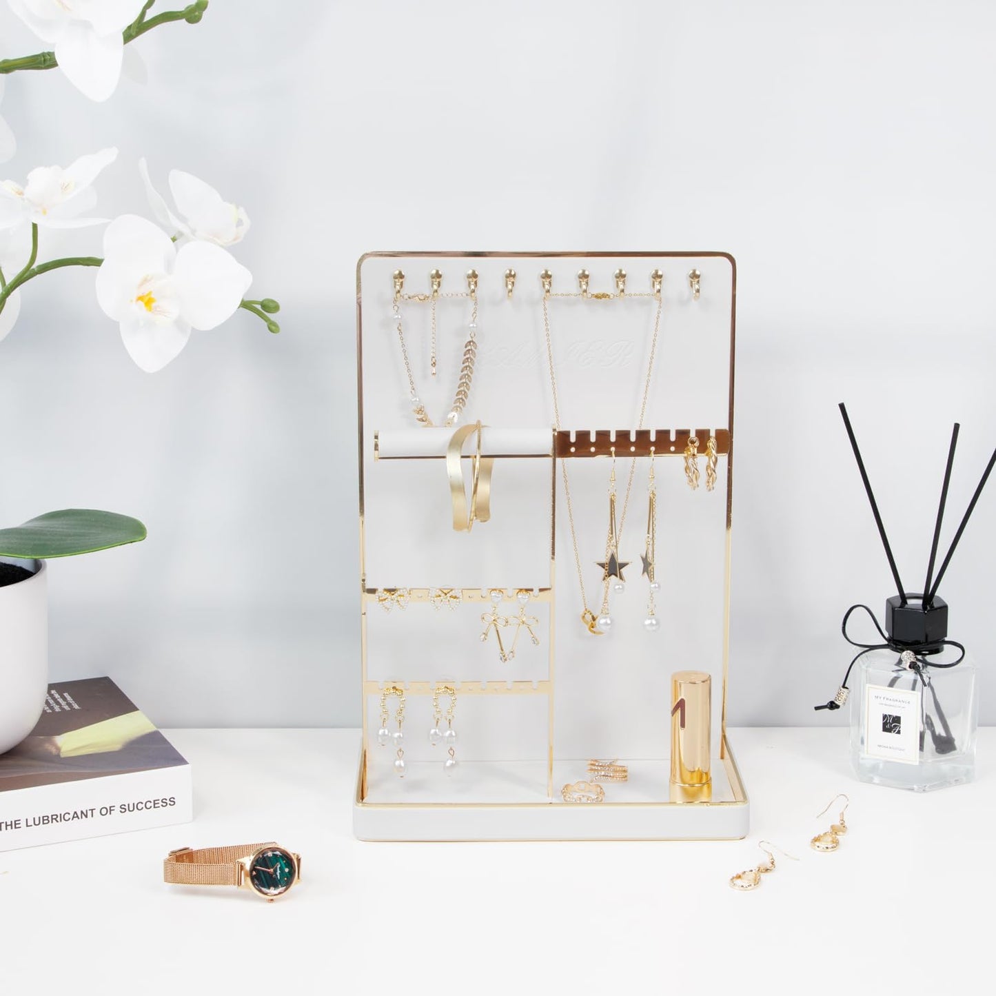 KAMIER Jewelry Organizer Stand Holder - 4 Tier Cute Necklace Holder Stand Rack with 10 Hooks - Aesthetic Jewelry Storage Rack Tree for Teen Girl Room Decor -White