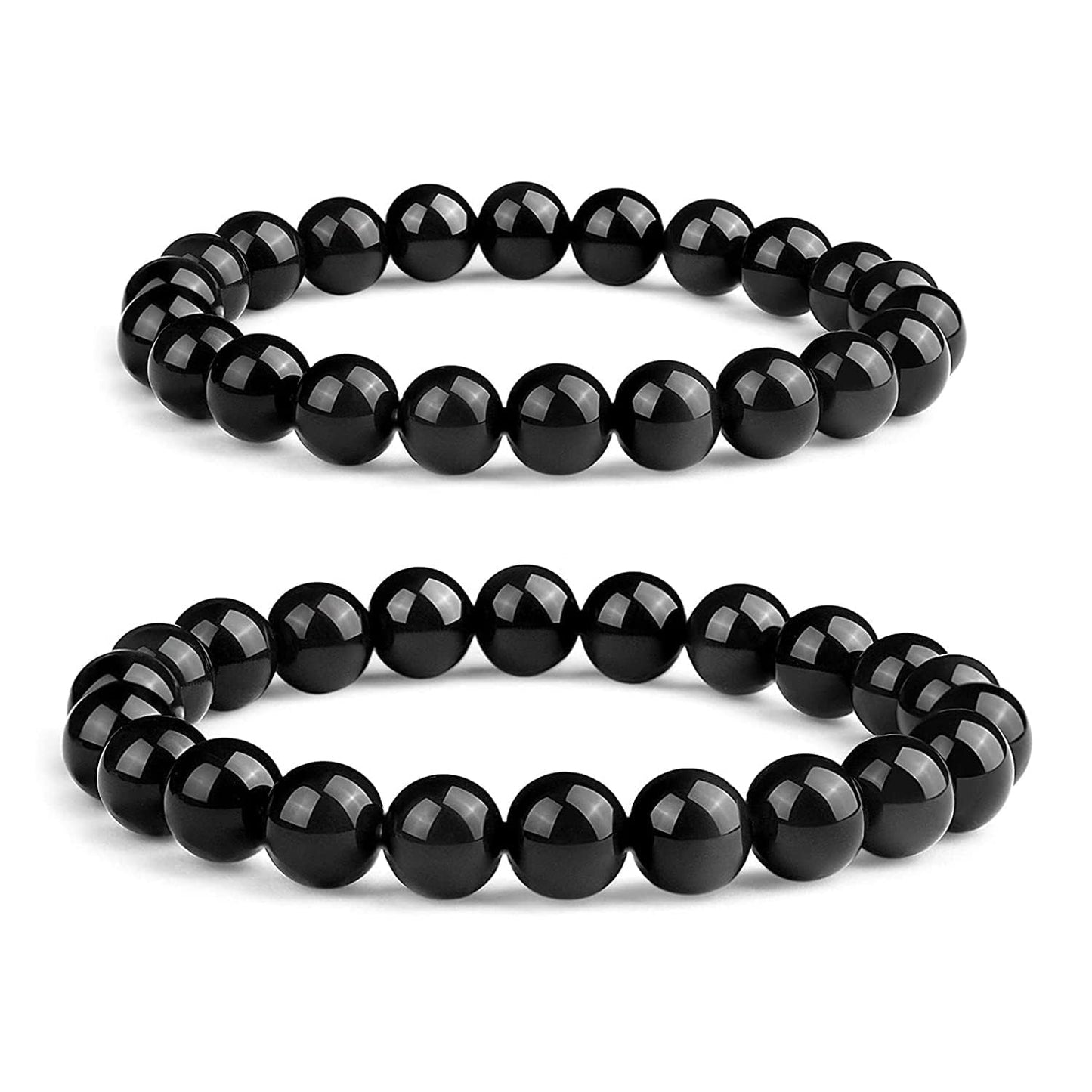 Black Tourmaline Bracelet 2 PCS: 8MM & 10MM | 3A Grade Natural Chakra Crystal Jewelry | Birthstone of October, Fit 6"-8" Wrist Size, Bring Luck, Peace & Love, Feng Shui for Friends Familys