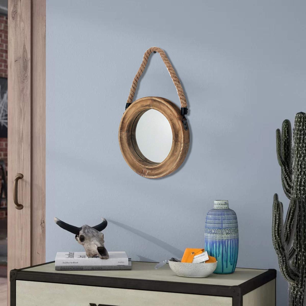Funly mee Rustic Round Decorative Mirror with Solid Wood Frame&Rope Hanging,Farmhouse Antique Wall Decor(Small 9.9X9.9in)