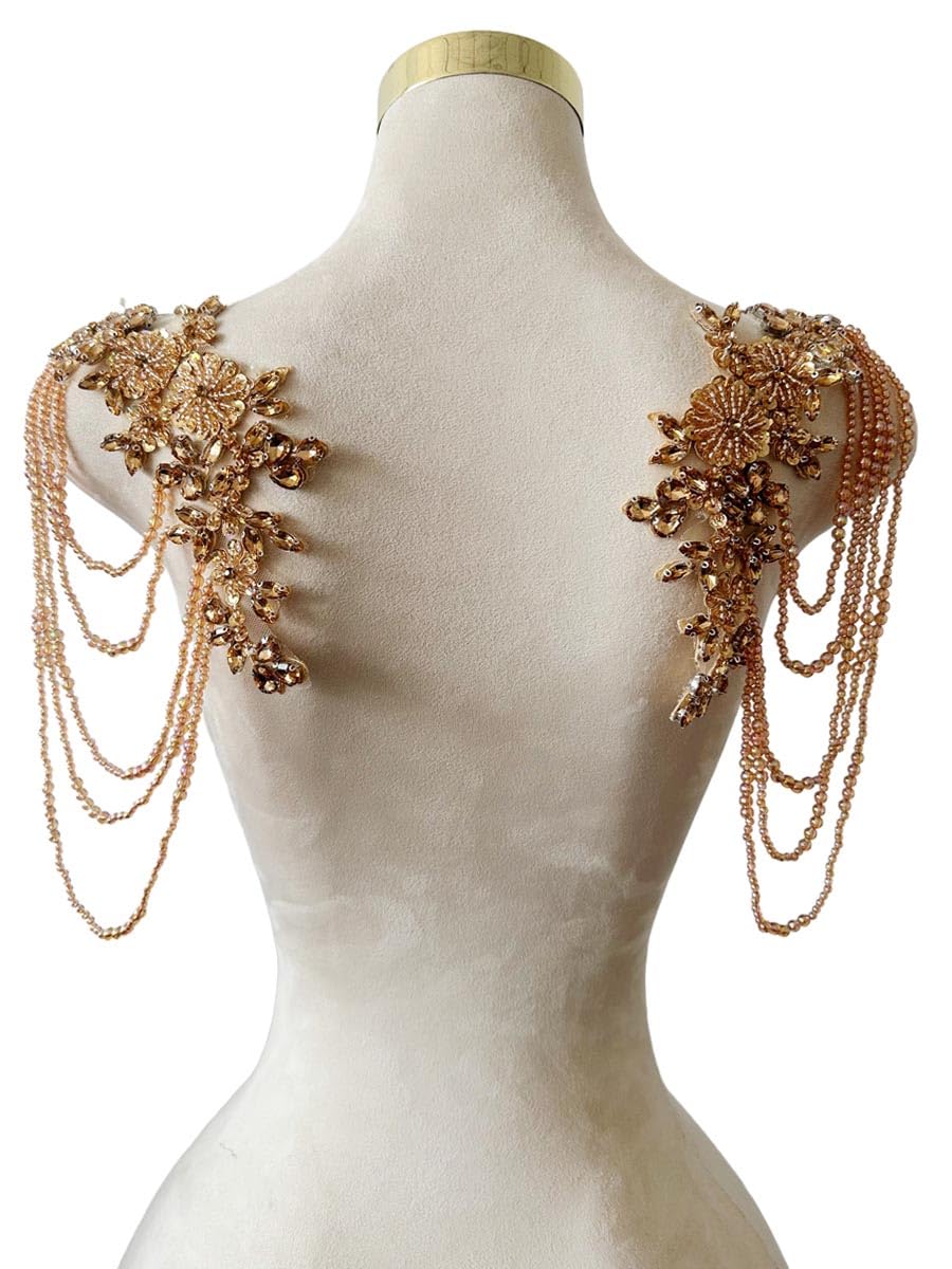 1 Pair Beaded Rhinestones Applique Embellishment for Clothes Epaulettes Shoulder Patches Sew-on Diamond Sequin Tassels Applique for Wedding Dress DIY Accessories 9.8X10.2inches (Champagne)