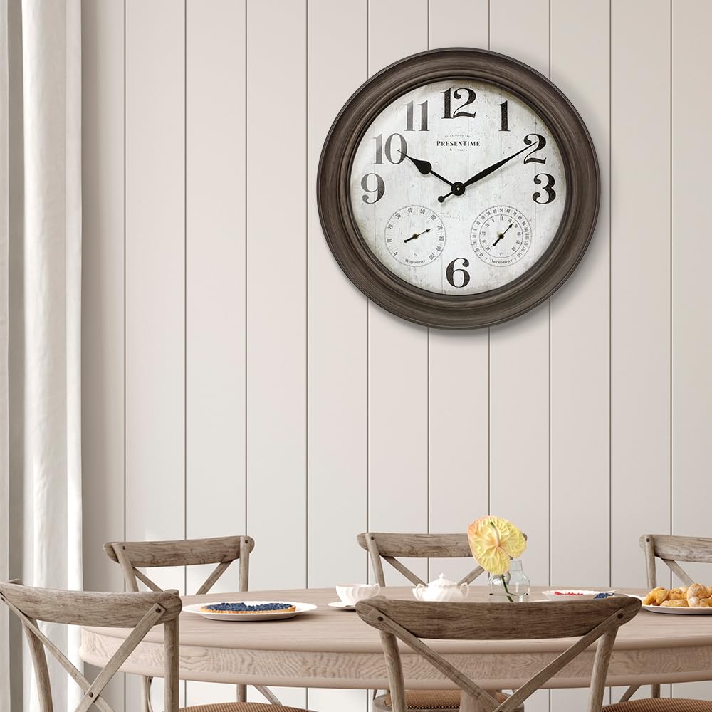 Presentime & Co. 26" Clifton in/Outdoor Farmhouse Clock with Thermometer & Hygrometer as All in One Weather Station, Farmhouse Wall Art and Timepiece for Home Decoration, Grey Oak Finish