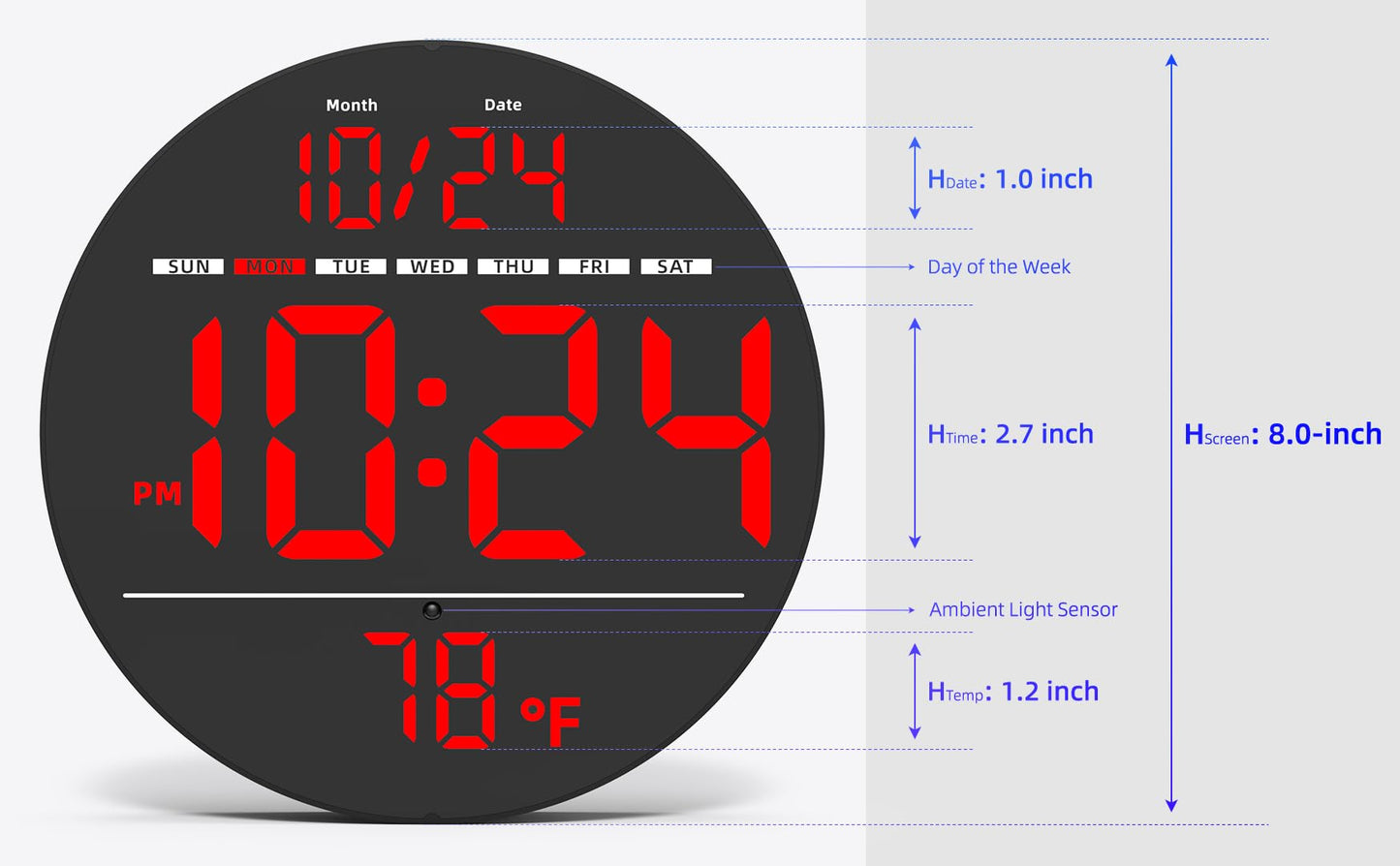 Digital Wall Clock with Large LED Display, Date, Temperature, Auto-Brightness | Small [PLUG-IN] Clock | Modern Electric Wall Clock for Bedroom, Classroom, Living Room, Home, Office, Farmhouse – Red