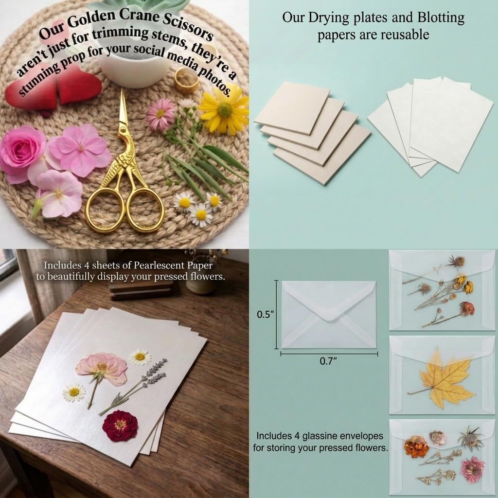 Kaokane Flower Press Kit, 9x9 Wooden Flower Pressing kit with 4 Reusable Drying Plates & 4 Blotting Papers, Dried Flowers Art for Wedding, Pressed Flower kit Herbarium Press Botanical Press kit